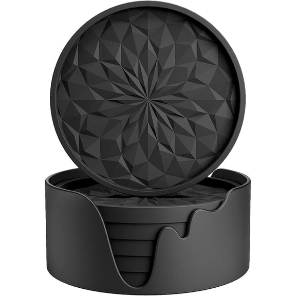 Silicone Coasters with Holder, 6 Pack  Drinking Coasters, Cup Mat for Hot or Cold Drinks, Thickened, Non-Slip, Non-Stick, Deep Tray, Black