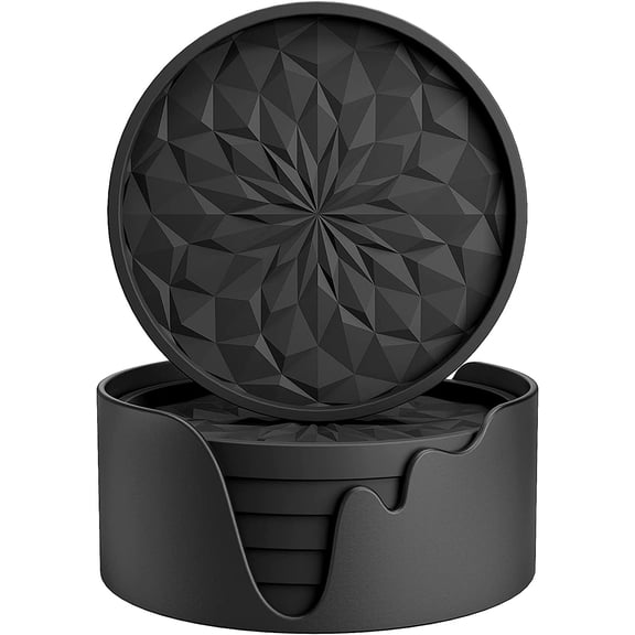 Silicone Coasters with Holder,[6 Pack] Drinking Coasters - Cup Mat for Hot or Cold Drinks, Thickened, Non-Slip, Non-Stick,Deep Tray Black