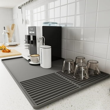 Silicone Coffee Bar Mat with Raised Edges,24'' x 16'' Quick-Dry Mat for Coffee Makers,Espresso Machines & Dish Drying –Gray,Countertop Protector