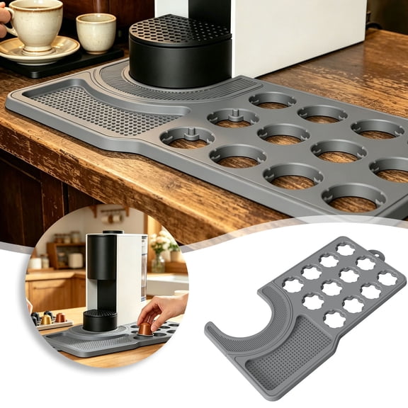 Silicone Coffee Holder Mat, Non- Coffee Machine Base Tray with 10 Slots, Reusable Coffee Pod Storage Organizer for Countertop(Grey)