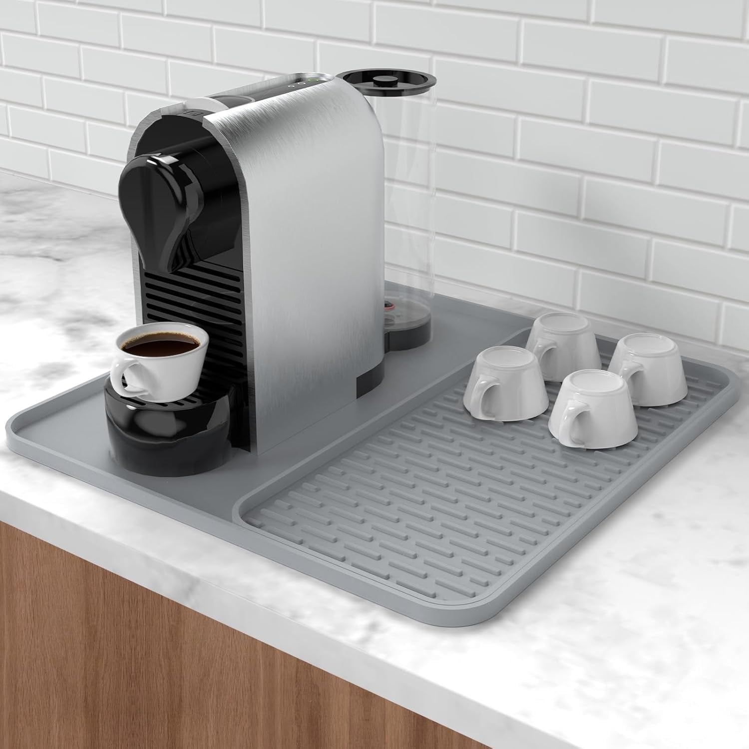 Silicone Coffee Bar Mat With Raised Edges & Drip Tray – Fits Under Espresso Machine, 24x16 Inches, Gray