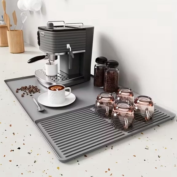 Silicone Coffee Mat 24''x16'' – Non-Slip Bar Mat with Detachable Drying Layer for Espresso Machines, Countertops & Dish Racks-Gray