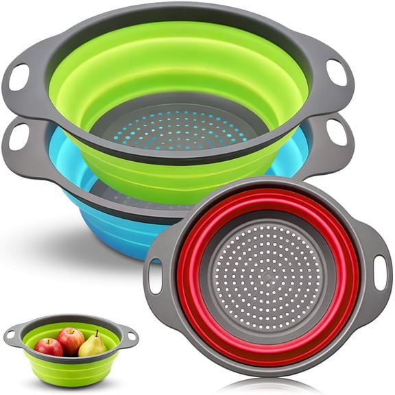 Silicone Collapsible Colander, Set of 3 Round Kitchen Strainer Collapsible Strainer Sink Strainer Basket for Draining Pasta, Vegetable, Fruit
