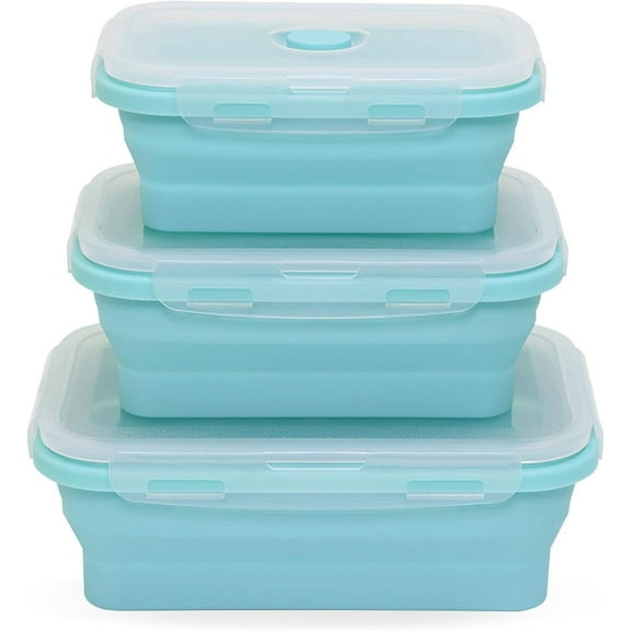 Silicone Collapsible Food Storage Containers-Prep/Storage Bowls with Lids - Set of 3 Square Silicone Lunch Containers - Microwave, Dishwasher and Freezer Safe (blue)