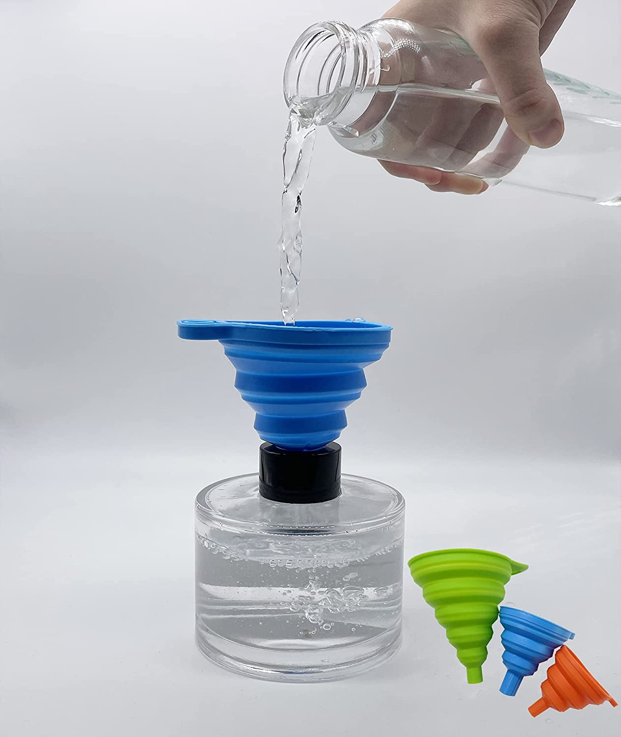 Silicone Collapsible Funnel Set of 3,Small and Large,Kitchen Gadgets Foldable Funnel Portable kitchen Oil Funnel for Bottle for Kitchen Spices Powder (3Pcs Orange Blue Green)