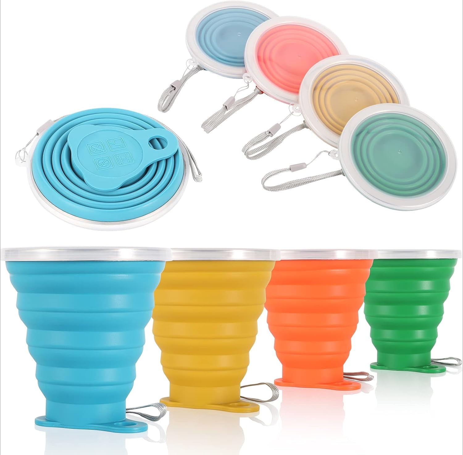 4 Pack Silicone Collapsible Travel Cups With Lids - Expandable Folding Camping Cups, Olive Pink Green Blue
