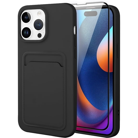 Silicone Compatible with iPhone 15 Pro Max Case, Card Holder Camera Protection Cover + Screen Protector, Card Slot Case  -Black