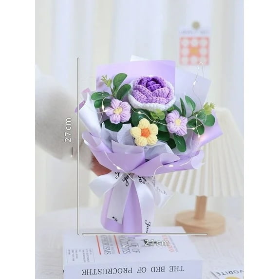 Crochet Bouquet Kit, Handmade Artificial Flower Knitted Rose Bouquet, Preserved Flower, Great Gift for Mother's Day, Anniversary, Graduation, Birthday (Purple)