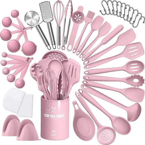 Silicone Cooking Kitchen Utensil Set, 43 Pcs Pink Cooking Utensils Set, Turner, Tongs, Spoon, Spatula, Kitchen Gadgets Tools Set For Nonstick Cookware, Heat Resistant (Dishwasher, BPA Free)