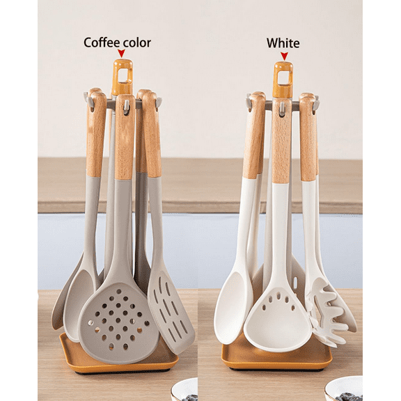 Silicone Cooking Kitchen Utensils Set, 7 Pcs Cooking Utensils Set with Holder, Heat Resistance, Wooden Handle Silicone Kitchen Utensil Set for Nonstick Cookware