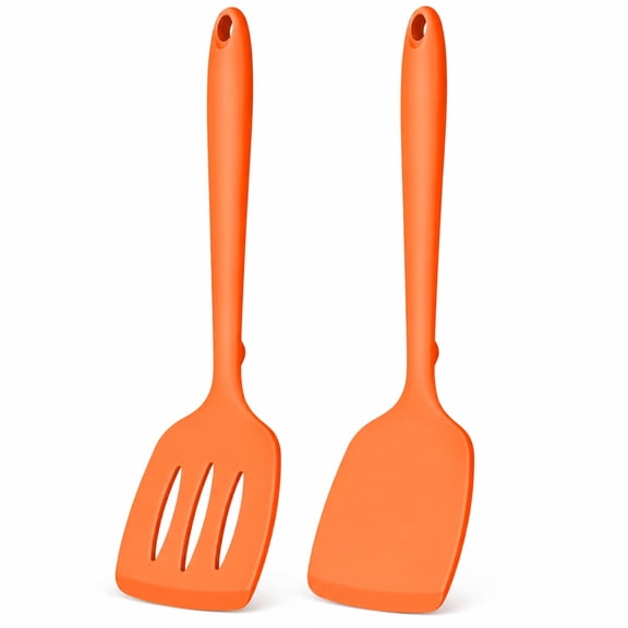 Silicone Cooking Spatula Set, Solid & Slotted Turner, Heat Resistant, 2 Pack, Orange