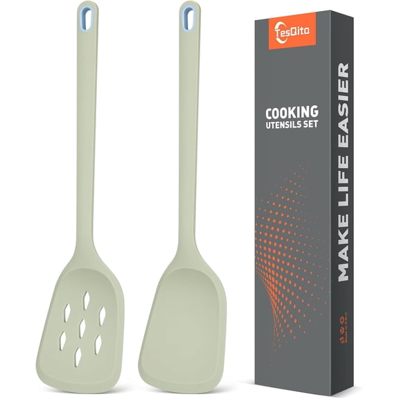 Silicone Cooking Spatula&Slotted Spatulas, Pack of 2,Solid Turner Kitchen Utensils Set for Cooking,Frying, Baking, Flipping, Turning,Heat Resistant 450 (Green)
