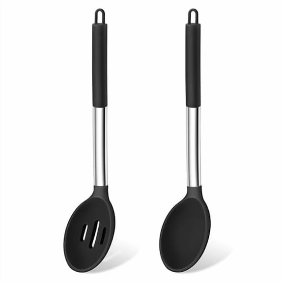 Silicone Cooking Spoon,2 PCS Large Nonstick Kitchen Spoons,Heat-Resistant Solid and Slotted Spoons for Cooking Mixing Serving Stirring,Healthy & Dishwasher Safe,Black