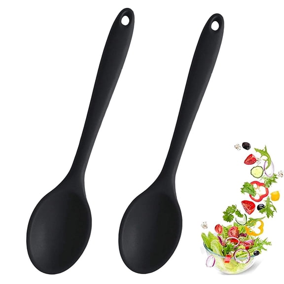 Silicone Cooking Spoons, 2 Pack Heat Resistant Mixing Spoons for Baking, Stirring, Mixing Batter, Soup, Salad, Non Scratch Kitchen Utensils, Dishwasher Safe, Black