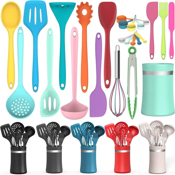 Silicone Cooking Utensil Kitchen Utensil Set, 24 Pcs Non-stick Cooking Utensils Spatula Set with Holder, Kitchen Gadgets Tools Set for Cookware