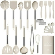 GPED Silicone Cooking Utensil Set, 30 Pcs Kitchen Utensils Set with Stainless Steel Handle, Food Grade Silicone Spatula Set, BPA-Free, Non-stick Heat Resistant Silicone Cookware, Khaki