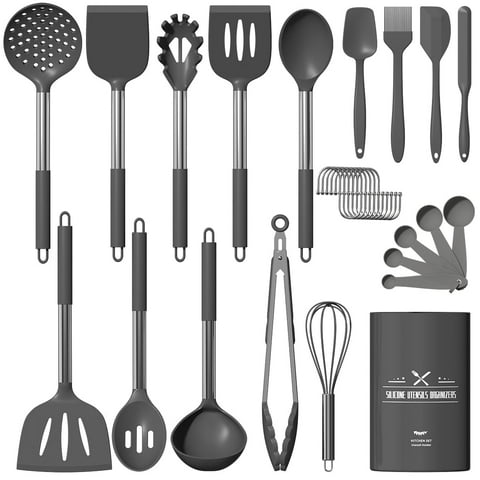 GPED Silicone Cooking Utensil Set, 30 Pcs Kitchen Utensils Set with Stainless Steel Handle, Food Grade Silicone Spatula Set, BPA-Free, Non-stick Heat Resistant Silicone Cookware, Gray