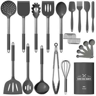 Silicone Cooking Utensil Set, 30 Pcs Kitchen Utensils Cooking Utensils Set, Food Grade Silicone Spatula Set, Non-stick Heat Resistant Silicone Cookware with Strong Stainless Steel Handle, Gray