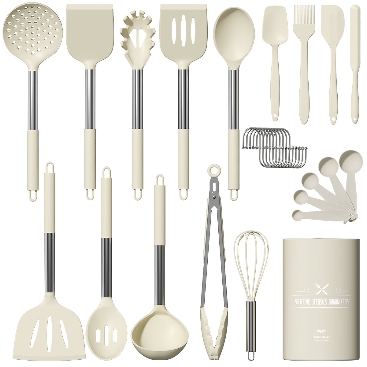 GPED Silicone Cooking Utensil Set, 30 Pcs Kitchen Utensils Set with Stainless Steel Handle, Food Grade Silicone Spatula Set, BPA-Free, Non-stick Heat Resistant Silicone Cookware, White