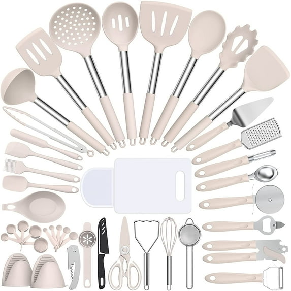 Silicone Cooking Utensil Set, 43 PCS Heat Resistant Kitchen Utensil Gadgets Set-Stainless Steel Handle- Kitchen Spatula Tools for Nonstick Cookware, Pots and Pans Accessories (Khaki)