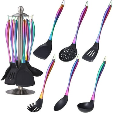 Silicone Cooking Utensil Set,6 pcs Silicone Cooking Kitchen Utensils Set,Non-stick Kitchen Cookware Titanium Stainless Steel Handle with Utensil Holder,Spatula Set for Cooking-Rainbow Color