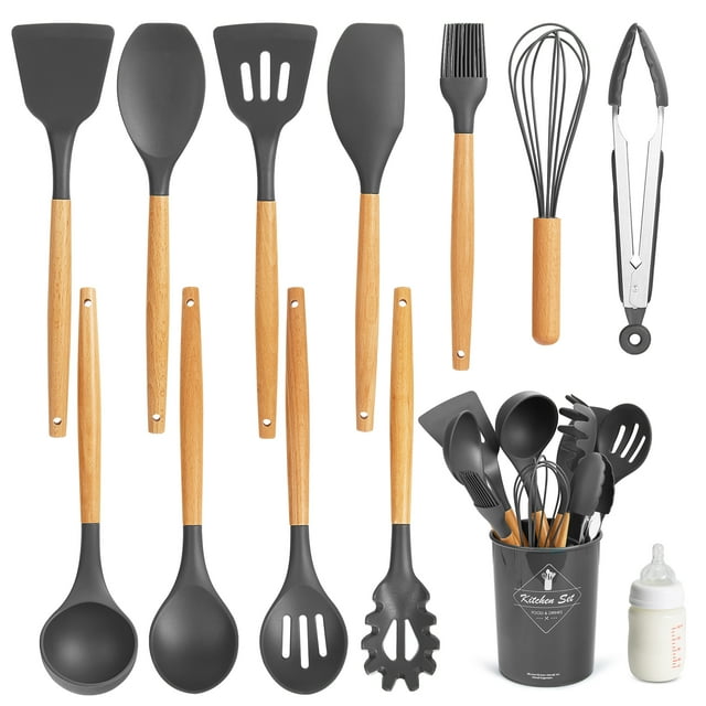 BUSATIA 11pcs Silicone Cooking Utensil Set with Wooden Handles, Non