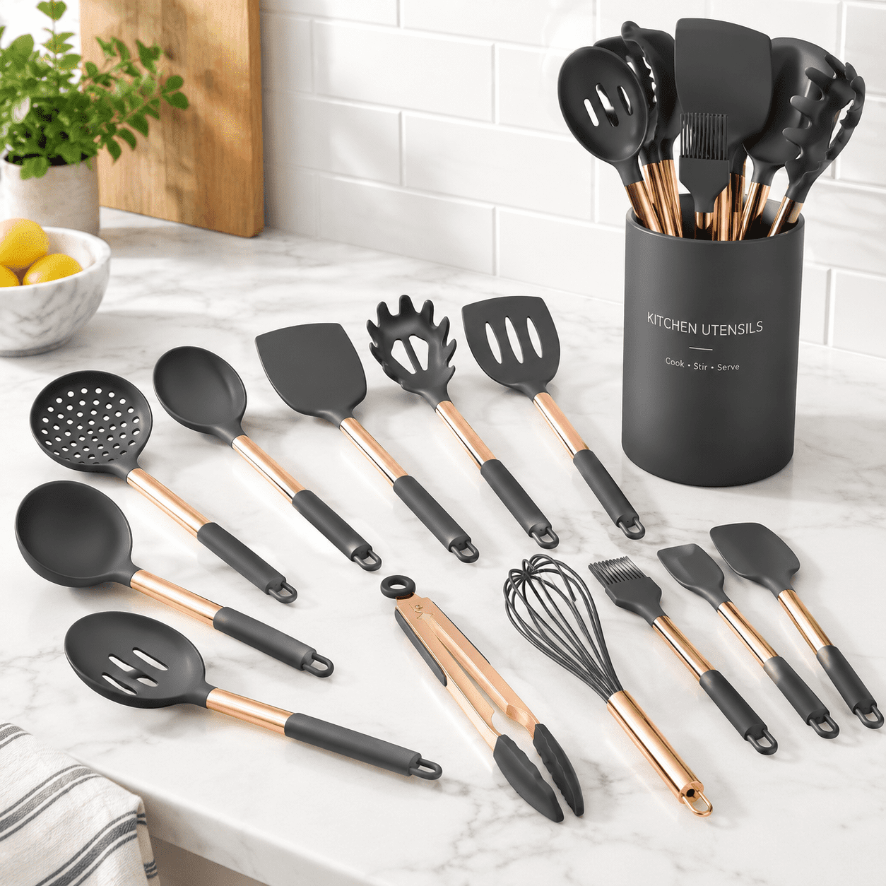 Silicone Cooking Utensil Set Kitchen Utensils 15non-stick Rose Handle ...