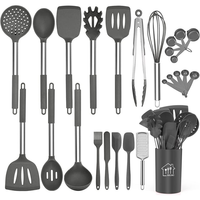 Silicone Cooking Utensil Set,Kitchen Utensils 17 Pcs Cooking Utensils  Set,Non-stick Heat Resistant Silicone,Cookware with Stainless Steel Handle  - Grey Gray 