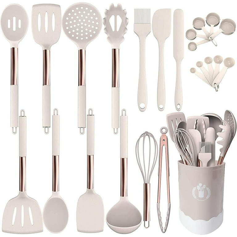 12pcs Silicone Utensil Set Khaki Kitchen Utensil Set With Wooden Handle  Safety Cooking Utensils Set Non … in 2023