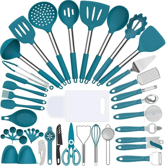 Silicone Cooking Utensil Set, Umite Chef 43 PCS Heat Resistant Kitchen Utensil Gadgets Set-Stainless Steel Handle- Kitchen Spatula Tools for Nonstick Cookware, Pots and Pans Accessories (Khaki)