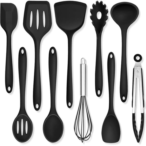 Silicone Cooking Utensils, 10 pcs Kitchen Cooking Utensils Set, 446F Heat Resistant Kitchen Gadgets Tools Set w/Spatula, Turners, Spoons, Soup Ladle, Pasta Server for Nonstick Cookware, Black