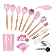 Silicone Cooking Utensils 35 Piece Set, Lychee Kitchen Utensil Set Heat Resistant Household Necessities Spatula Spoon Set with Wooden Handle for Non-Stick Cookware (Pink)