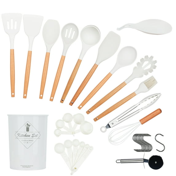 Silicone Cooking Utensils 35 Piece Set, Lychee Kitchen Utensil Set?Heat Resistant Household Necessities Spatula Spoon Set with Wooden Handle for Non-Stick Cookware (White)