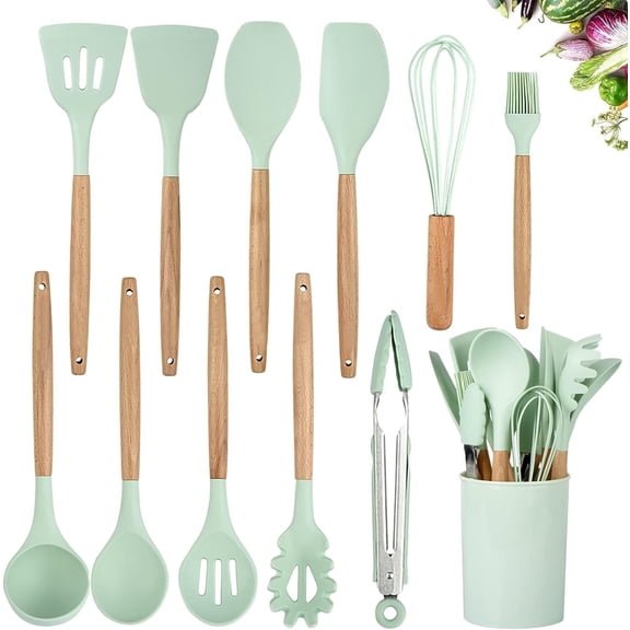 Silicone Cooking Utensils Kitchen Utensil Set, 12 PCS Wooden Handle BPA Free Silicone Spoon Spatula Turner Tongs Whisk,Green Kitchen Gadgets Utensil Set for Nonstick Cookware