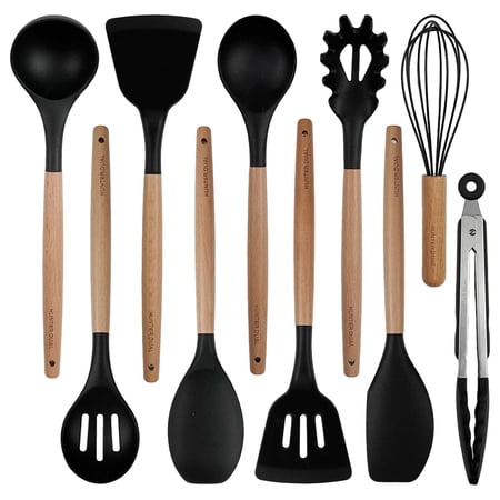 NULAS Silicone Cooking Utensils Set, Heat Resistant & Non-Stick Kitchen Tools, 10-Piece BPA Free Silicone Cooking Utensils, Black