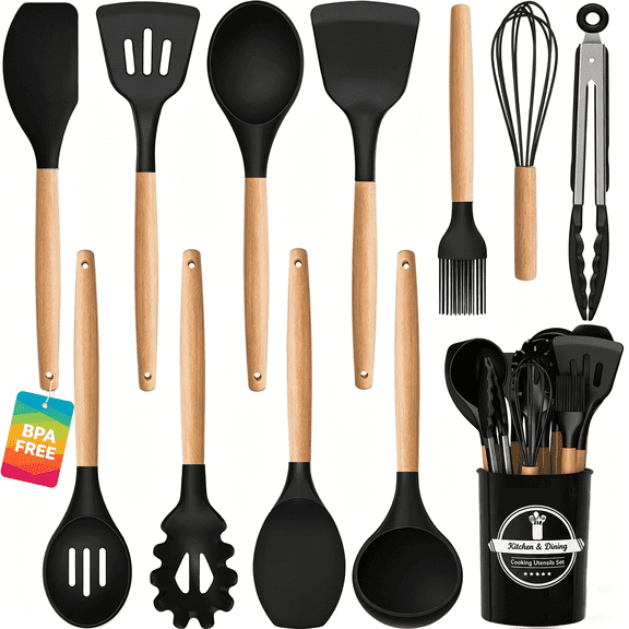 Axidou Silicone Cooking Utensils Set - 12 Pcs Silicone Kitchen Utensils for Non-Stick Cookware, 446F Heat Resistant, BPA Free Kitchen Gadgets Tools with Holder, Dishwasher Safe (Black)