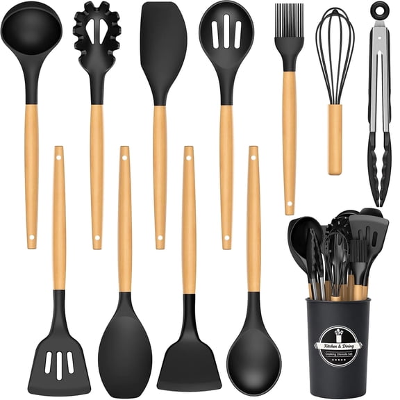 Kisportee Silicone Cooking Utensils Set, 12 PCS Kitchen Cooking Utensils with Holder, 446°F Heat Resistant, Wood Handle Kitchen Gadgets Utensil Set for Non-Stick Cookware BPA Free, Black