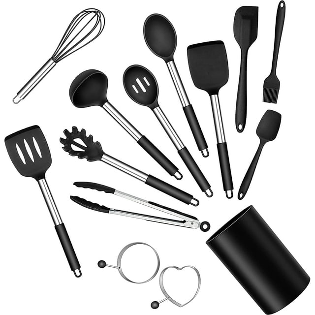 Silicone Cooking Utensils Set,14-Piece Black Kitchen Utensils Set with ...