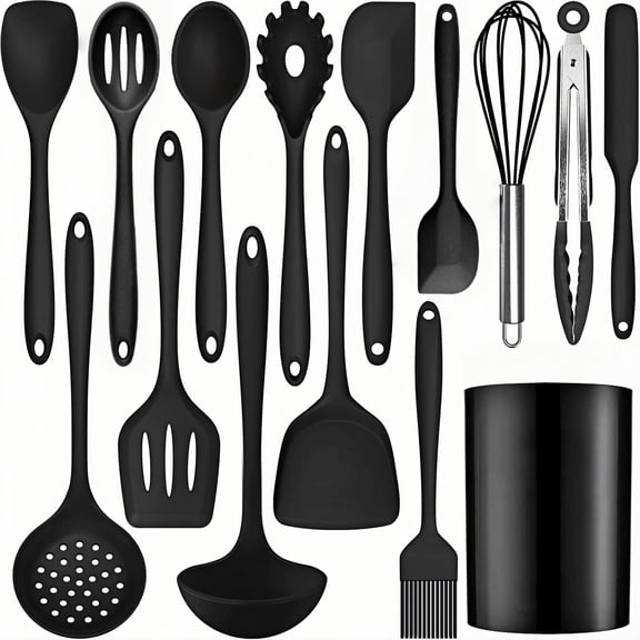 Silicone Cooking Utensils Set  15pcs, Heat Resistant up to 446F, Kitchen Gadgets for Non-Stick Cookware, BPA Free, with Holder