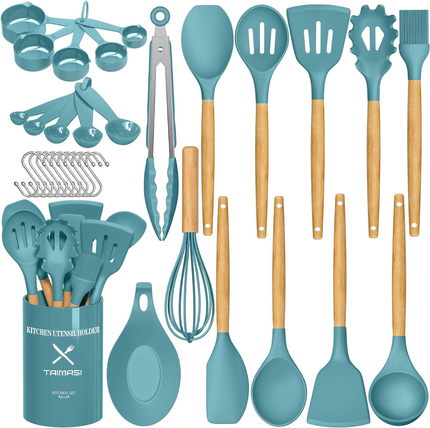 33-Piece Blue Silicone Cooking Utensil Set with Wooden Handles