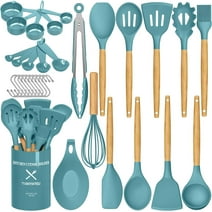 Silicone Cooking Utensils Set, 33 pcs Non-Stick Cooking Kitchen Utensils Set with Holder, Wooden Handle Gadgets Utensil Set (Blue)