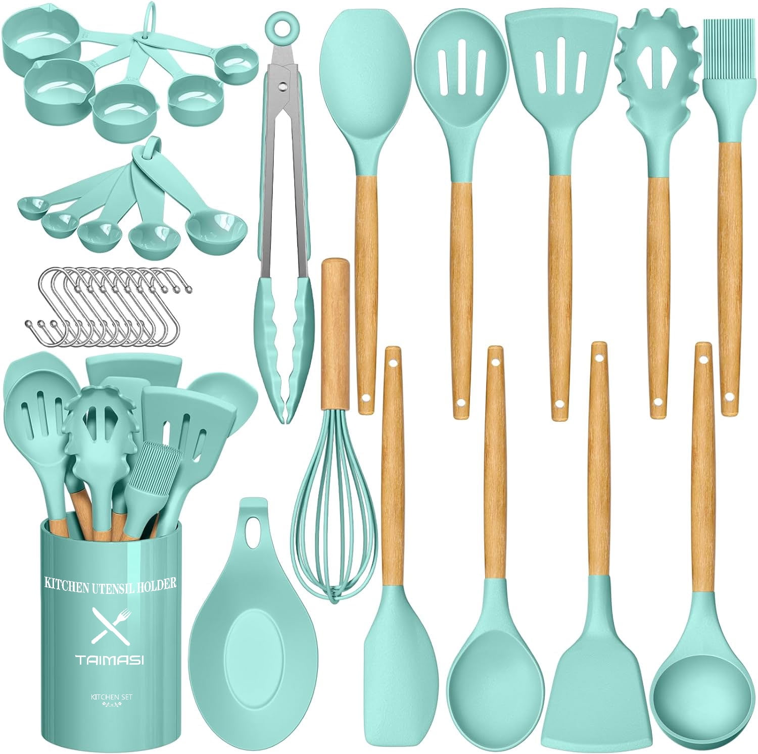 33-Piece Green Silicone Cooking Utensils Set with Wooden Handles