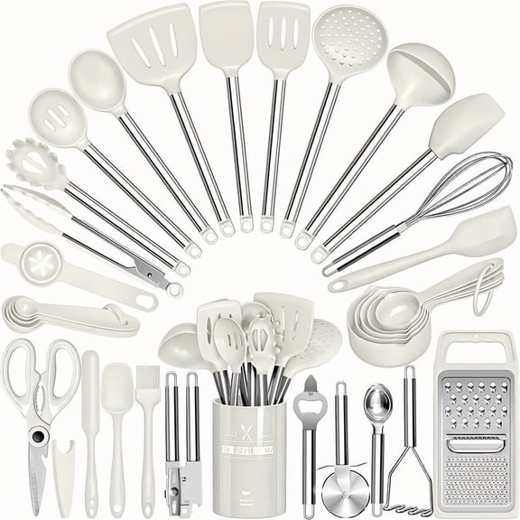 Silicone Cooking Utensils Set 34pcs, Nonstick Cookware Safe Spatulas with Stainless Steel Handle, Black Kitchen Gadgets & Pots Pans Accessories, Gift for Dad
