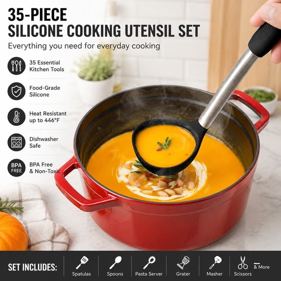 Silicone Cooking Utensils Set 35 Pcs with Holder, Stainless Steel Handle Kitchen Tools, Spatulas, Spoons, Pasta Server, Grater, Masher, Scissors, Dishwasher Safe