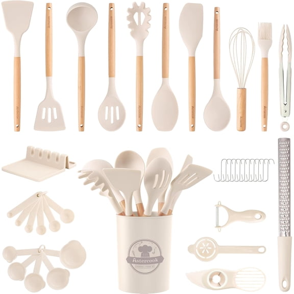 Silicone Cooking Utensils Set, 38 PCS Kitchen Utensils Set for 446F Heat Resistant, Food Grade Utensil Sets with Wooden Handle, Kitchen Gadgets for Nonstick Cookware BPA Free (White)