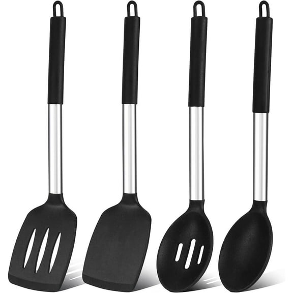Silicone Cooking Utensils Set of 4, Silicone Kitchen Utensils for Non-stick Cookware, Heat Resistant & Non-toxic Slotted Spatula Solid Spoon Turner for Cooking, Mixing and Serving (Black)