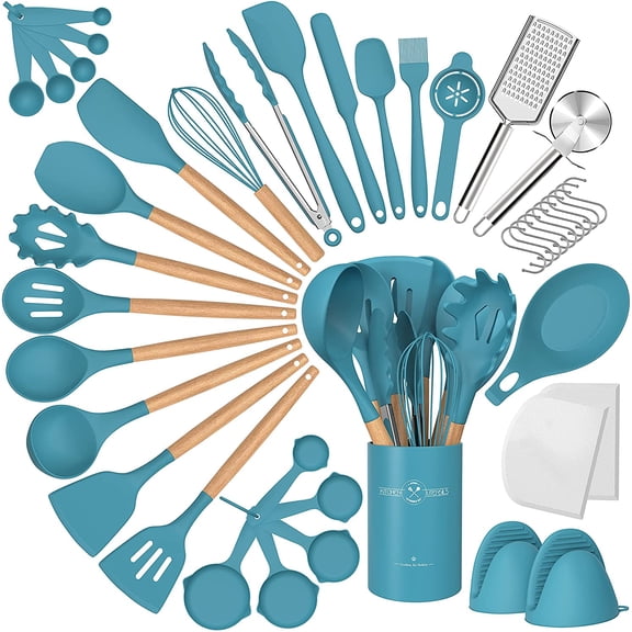 Silicone Cooking Utensils Set, 43Pcs Non-Stick Heat Resistant Kitchen Utensils Spatula Set with Wooden Handle for Baking, Cooking, and Mixing, Best Kitchen Gadgets Tools with Holder (Dark Blue)