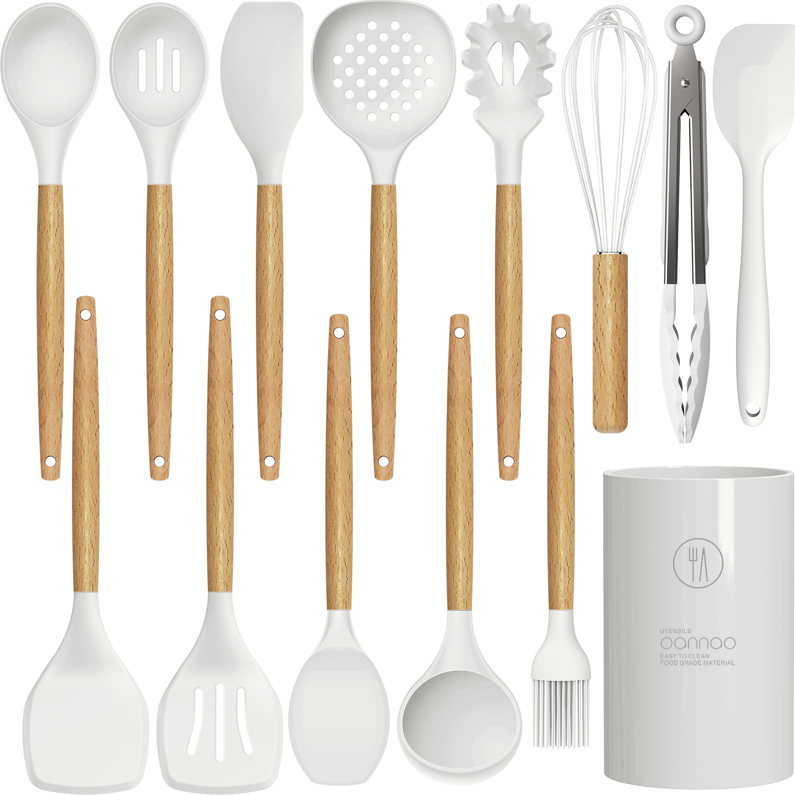 Silicone Cooking Utensils Set - 446°F Heat Resistant Silicone Kitchen  Utensils for Cooking,Kitchen Utensil Spatula Set w Wooden Handles and  Holder, BPA FREE Gadgets for Non-Stick Cookware (White) 