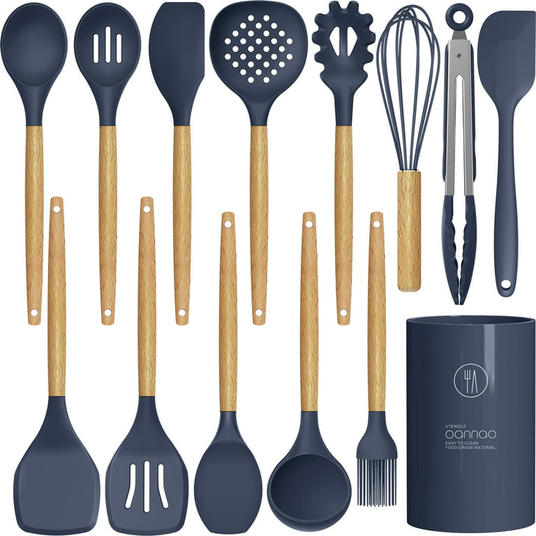 Silicone Cooking Utensils Set - 446°F Heat Resistant Silicone Kitchen  Utensils for Cooking,Kitchen Utensil Spatula Set w Wooden Handles and  Holder, BPA FREE Gadgets for Non-Stick Cookware (Navy Blue) 