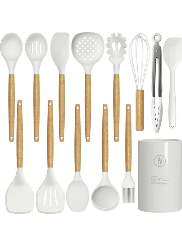 Silicone Cooking Utensils Set - 446°F Heat Resistant Silicone Kitchen Utensils for Cooking,Kitchen Utensil Spatula Set w Wooden Handles and Holder, BPA FREE Gadgets for Non-Stick Cookware (White)